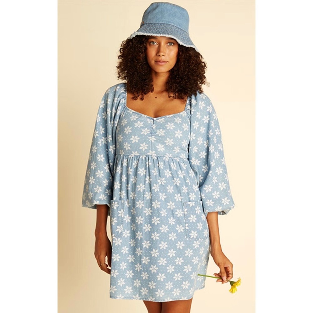 Billabong x Wrangler Floral Puff Sleeve Mini Dress Blue White M NWT Western